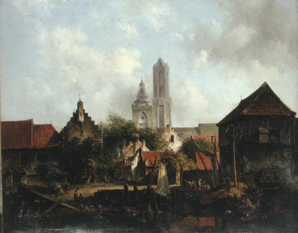 Kanalscene med Utrecht (olie på lærred) af Willem Roelofs