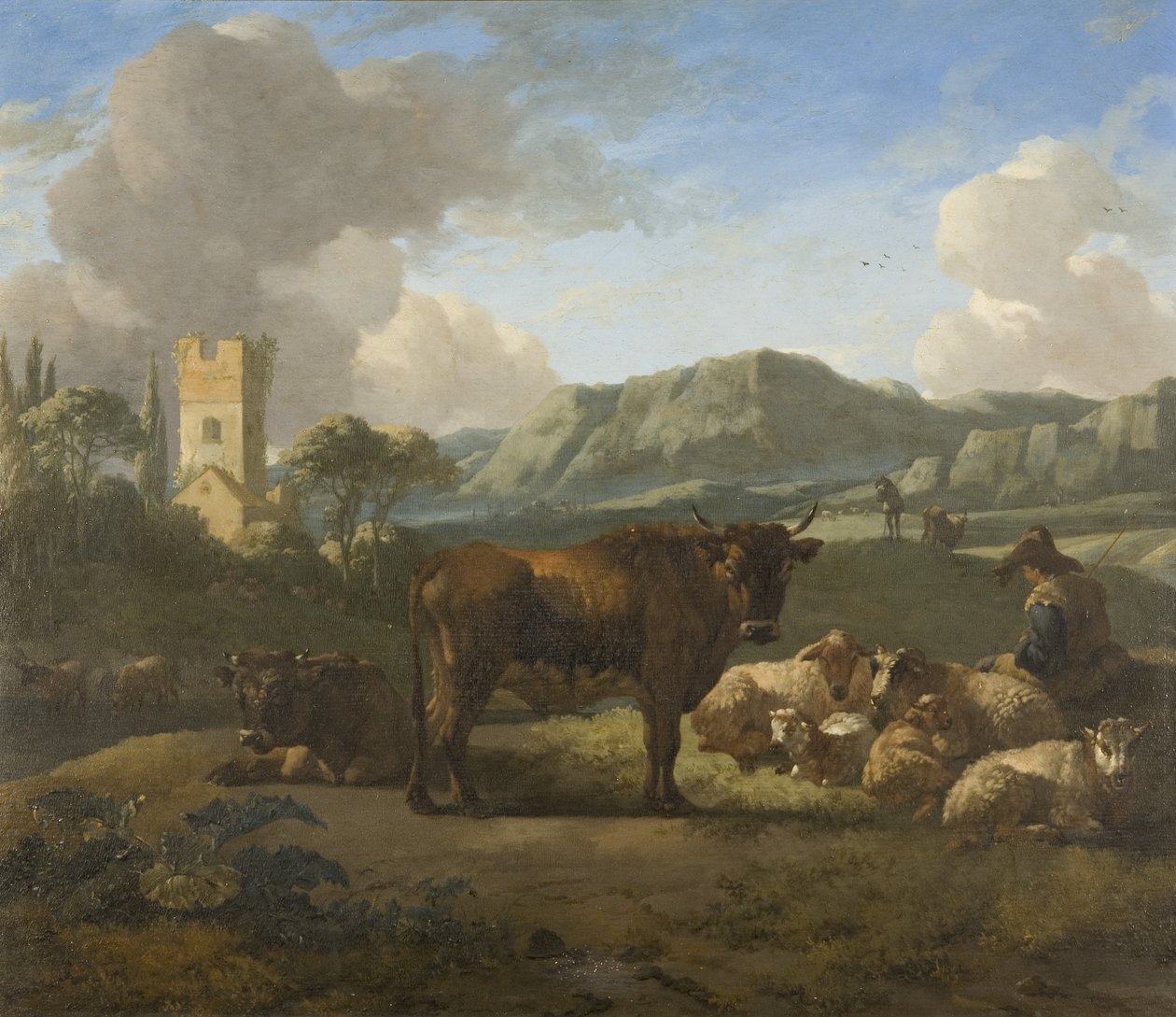 Kvæg og hyrder i et kuperet landskab, ca. 1650-70 (olie på panel) af Willem Romeyn