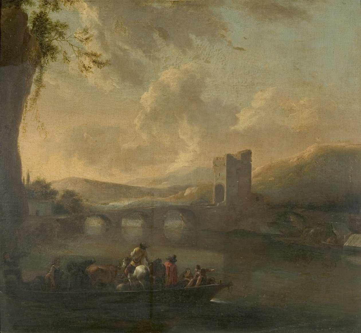 En færge på tværs af en flod, ca. 1640 (olie på lærred lagt på panel) af Willem Schellinks