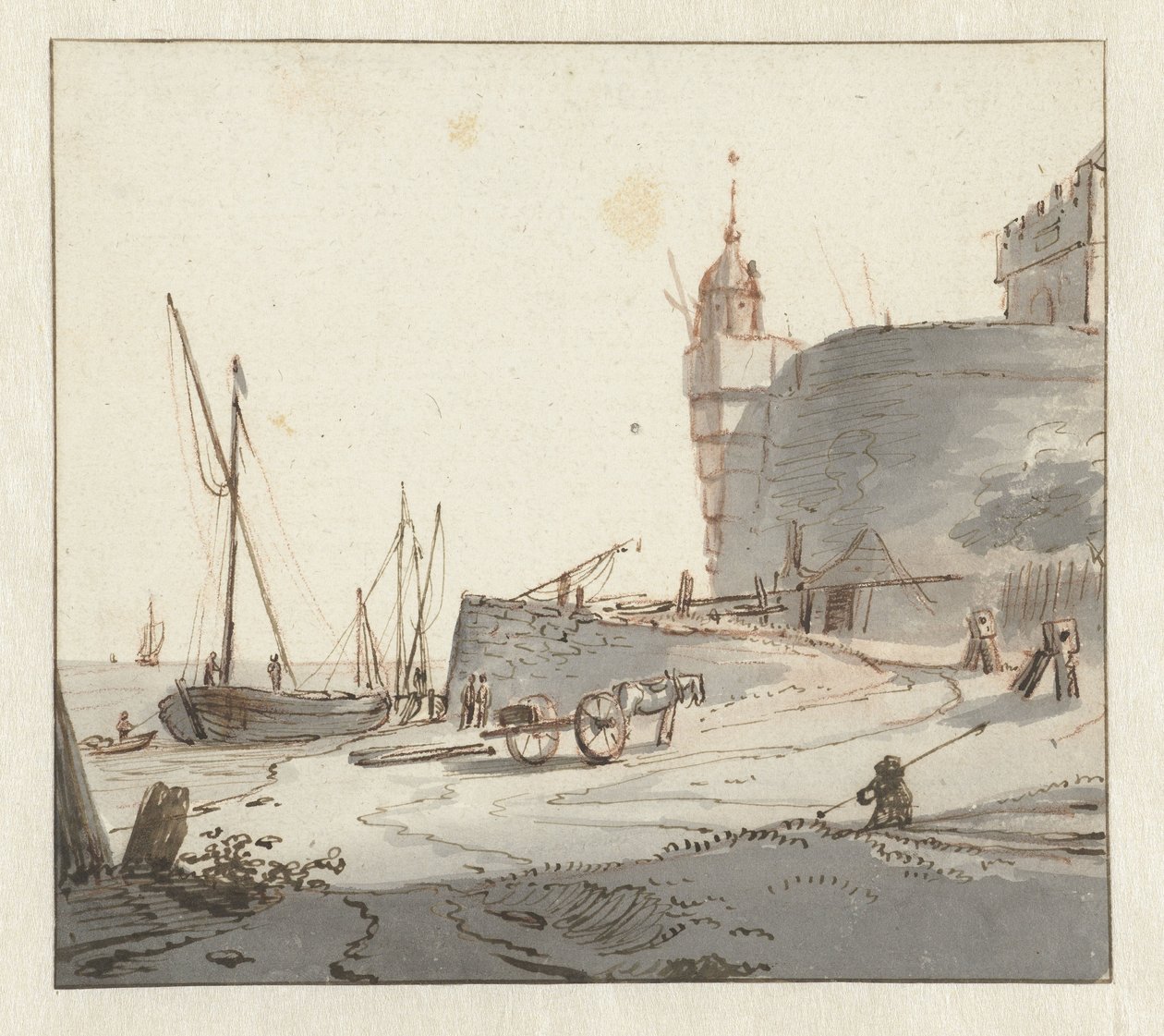 Udsigt over en havn nær en bymur af Willem Schellinks