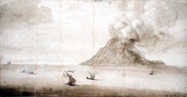 PD.703-1963 Udsigt over Stromboli, ca.1661-5 (kridt, pen og blæk, vask) af Willem Schellinks
