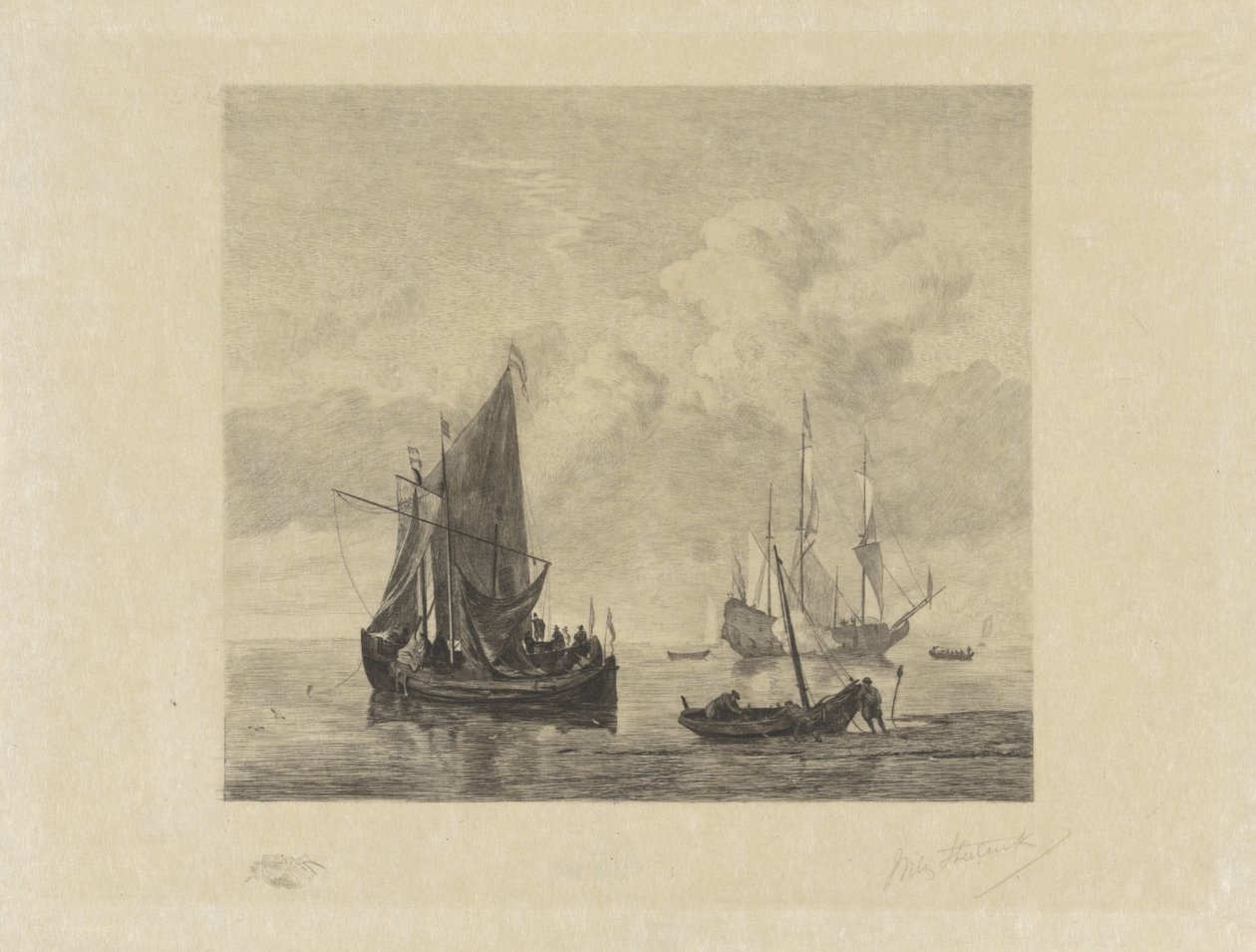 Sejlskibe på stille hav af Willem Steelink (II) (signed by artist)