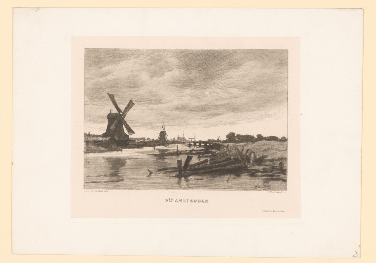 Landskab med vindmøller langs en kanal I nærheden af ​​Amsterdam (titel på objekt) af Willem Steelink (II)