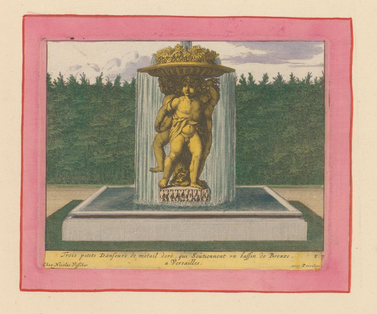 Brunnen mit einer Statue von drei tanzenden Putti, die eine Schale über ihren Köpfen tragen af Willem Swidde