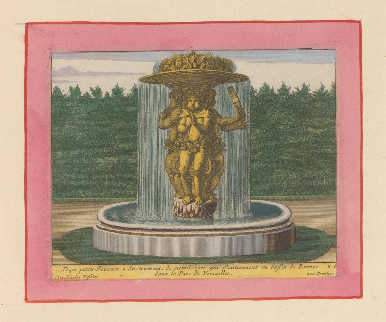 Brunnen mit einer Statue von drei Musikern, die eine Schale über ihren Köpfen tragen af Willem Swidde