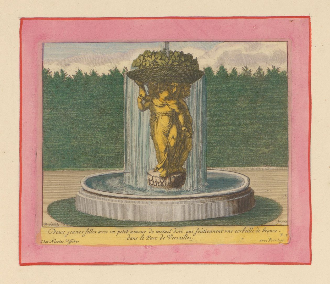 Brunnen mit einer Statue von drei Frauen, die einen Korb über ihren Köpfen tragen af Willem Swidde