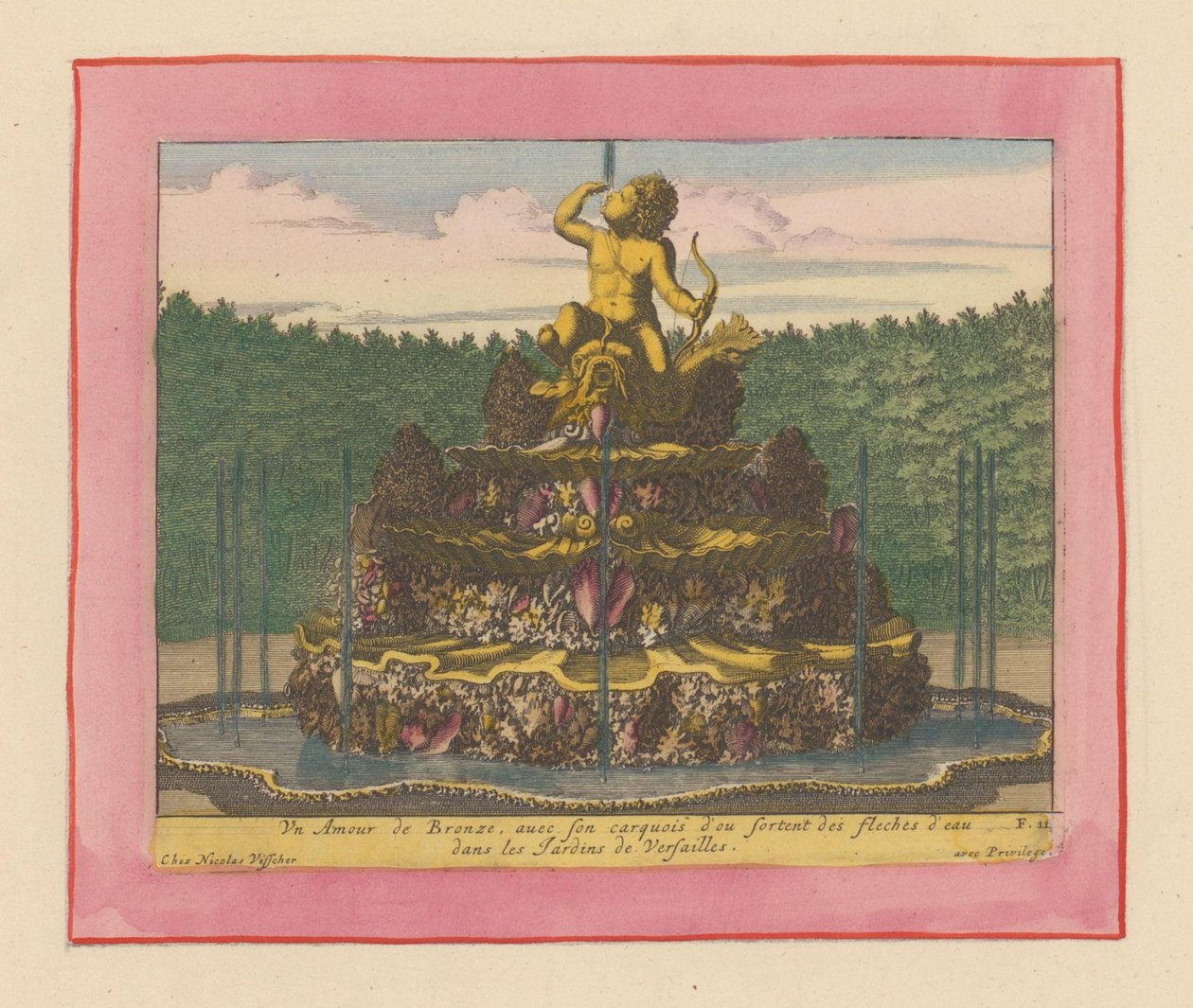 Brunnen mit einer Statue eines Putto mit Bogen in der Hand, sitzend auf einem Delfin af Willem Swidde