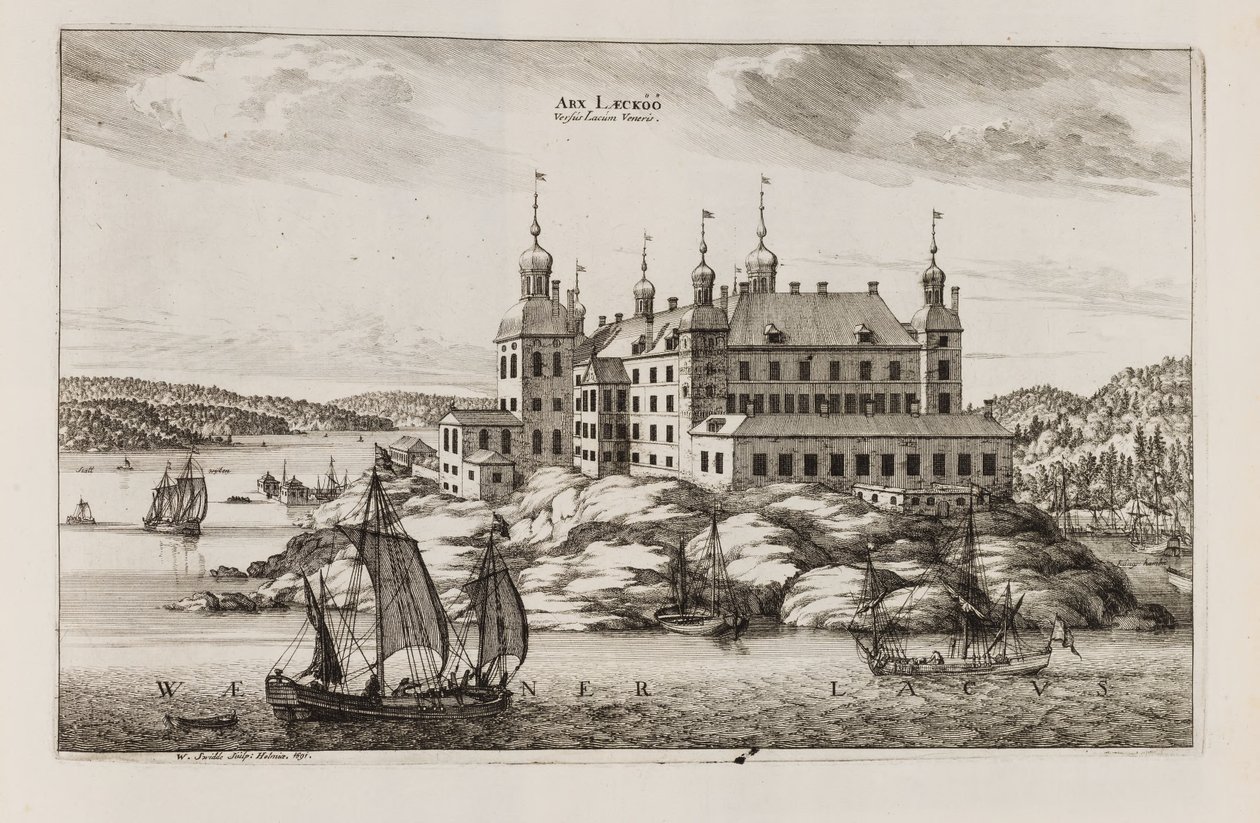 Läckö Slot fra Vänerns side. Fra "Suecia antiqua et hodierna" af Willem Swidde