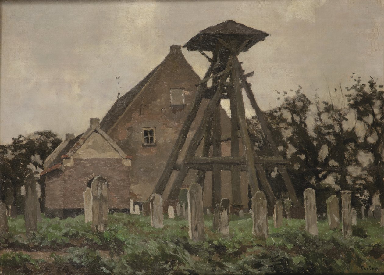 Kirken i Giethoorn med klokketårn (olie på lærred lagt på panel) af Willem Tholen