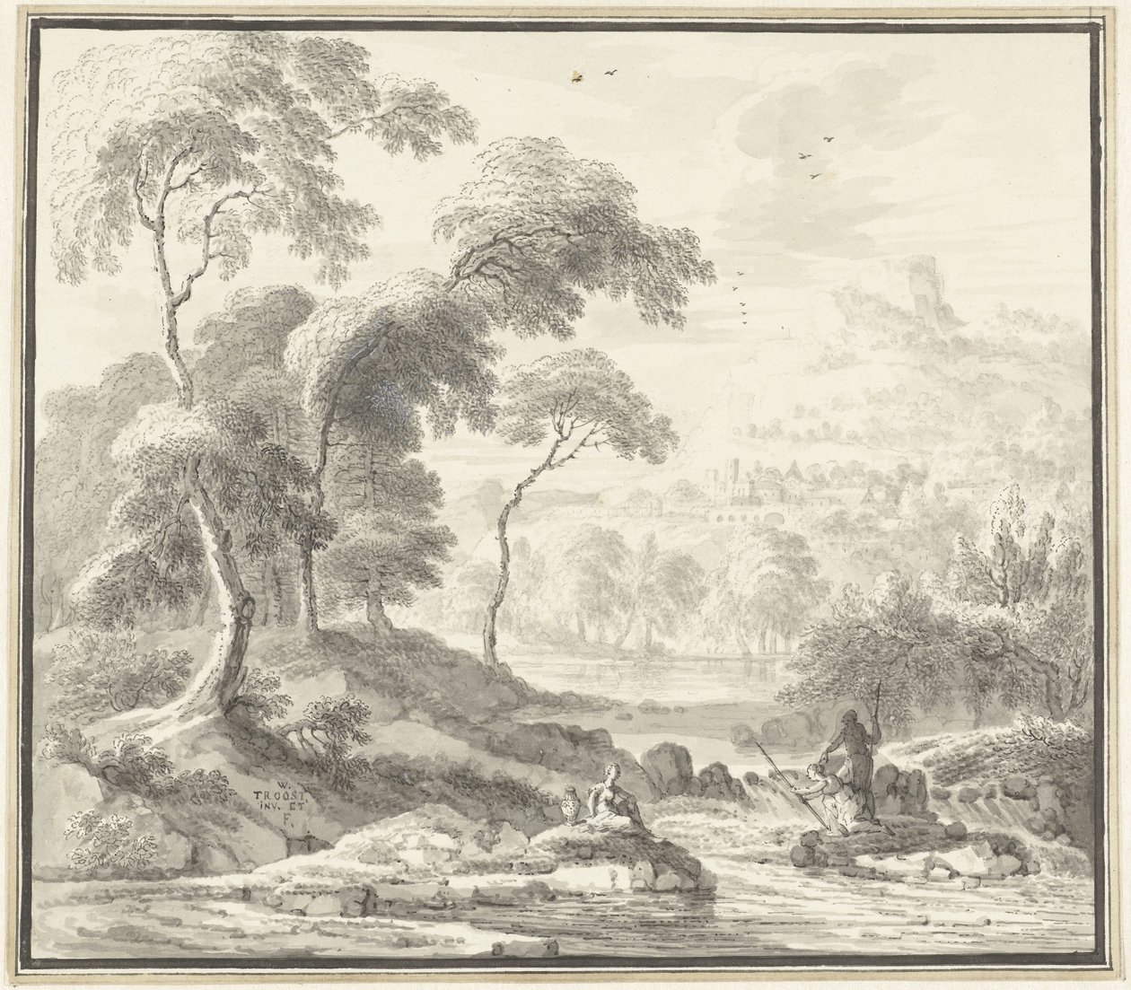 Idyllisk bakkelandskab med kvinder ved et vandløb af Willem Troost (I)