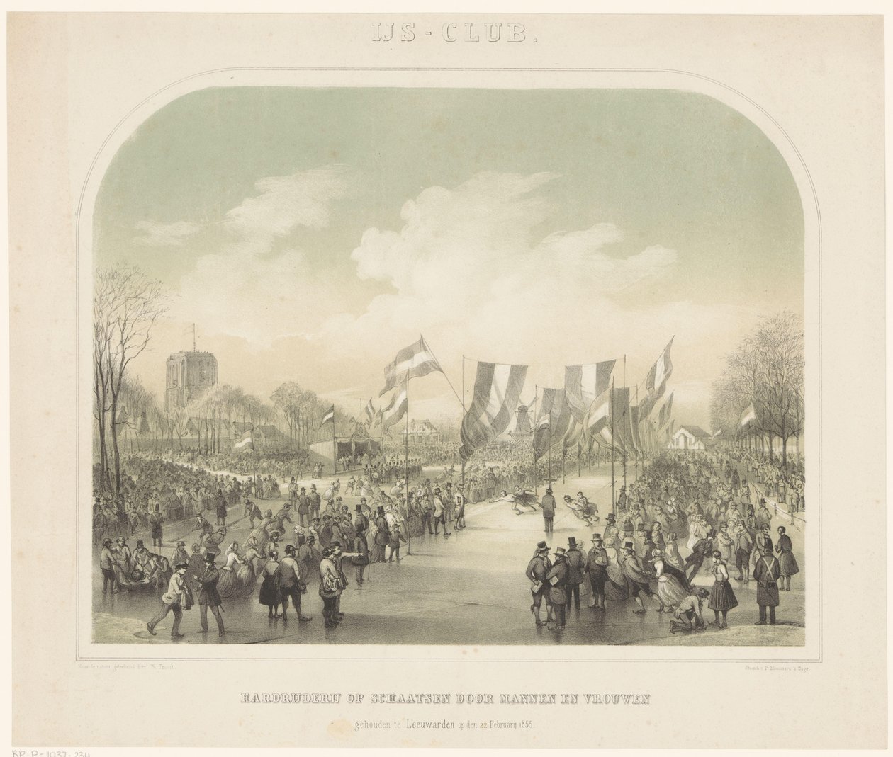 skøjteløbskonkurrence Isklub / Speedskating af mænd og kvinder afholdt i Leeuwarden den 22. februar 1855 (titel på objekt) af Willem Troost (II)