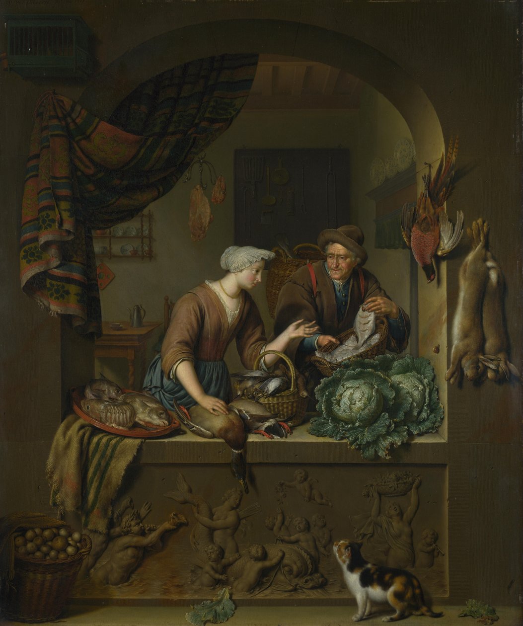 En kvinde og en fiskekræmmer i et køkken, 1713 af Willem Van Mieris