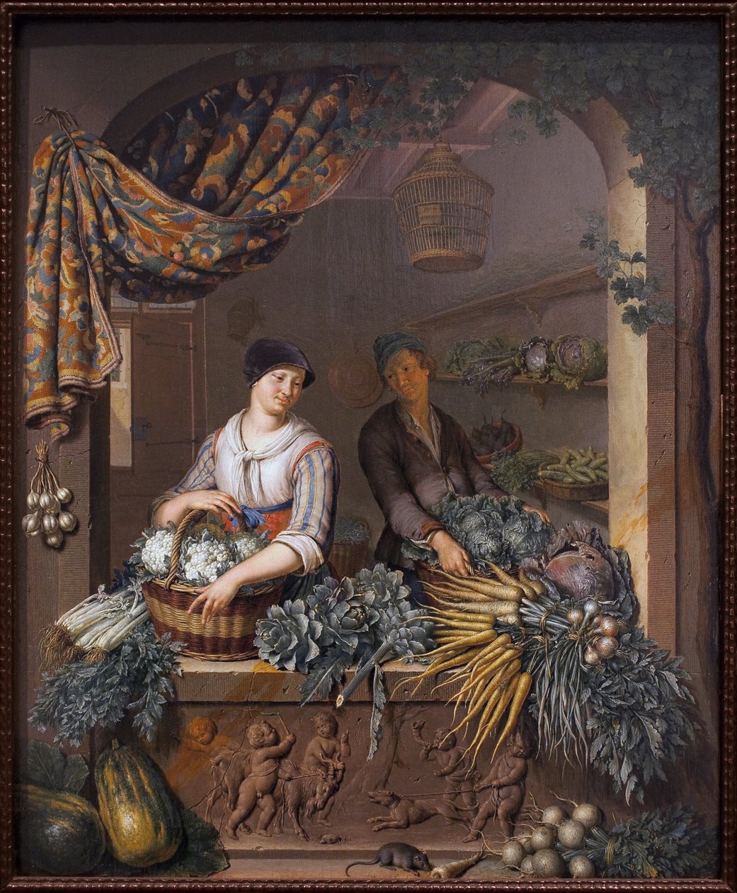 En grøntsagssælger. Maleri af Willem van Mieris (1662-1747), olie på træ af Willem Van Mieris