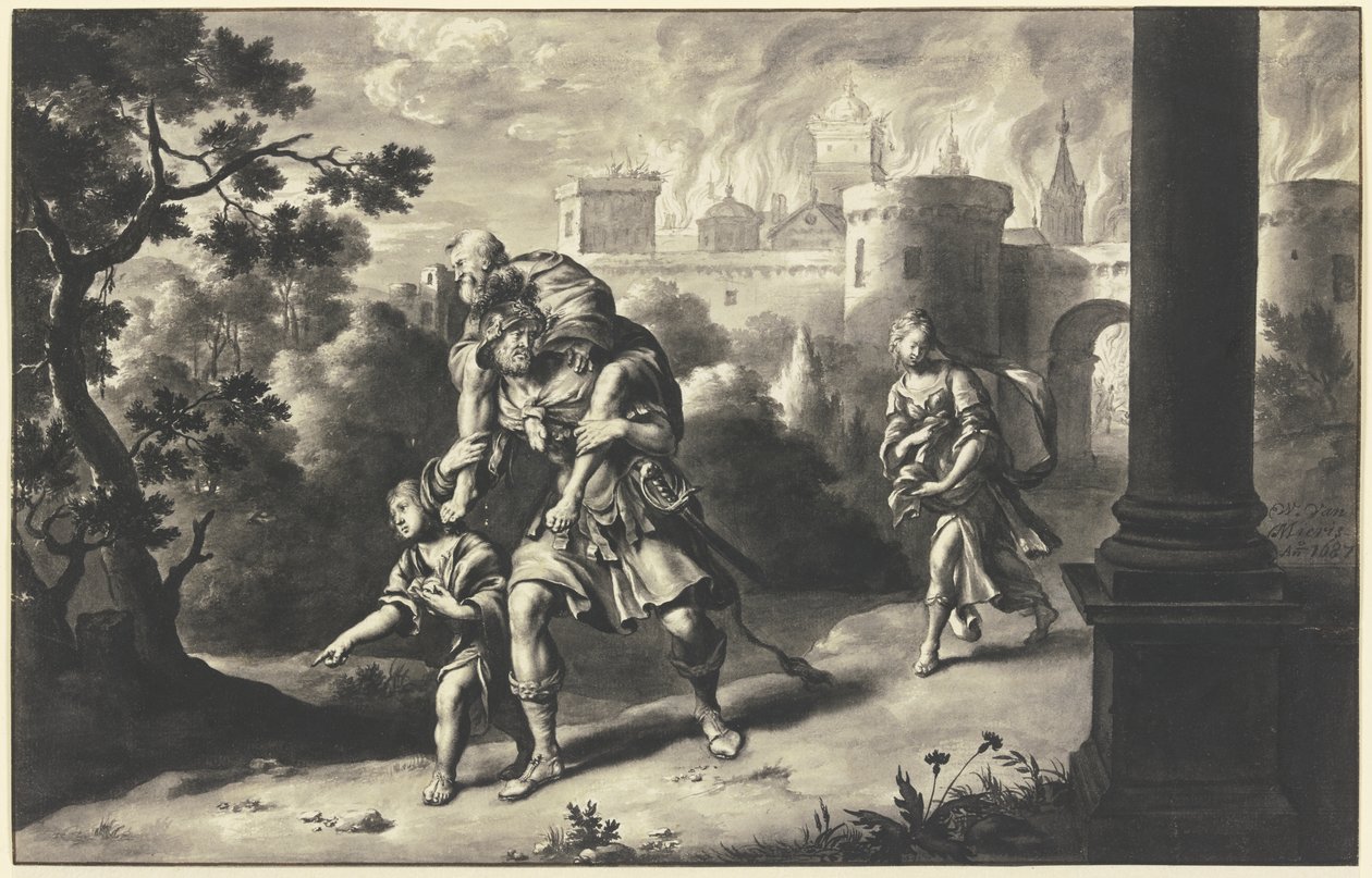 Æneas redder Anchises fra det brændende Troja af Willem Van Mieris