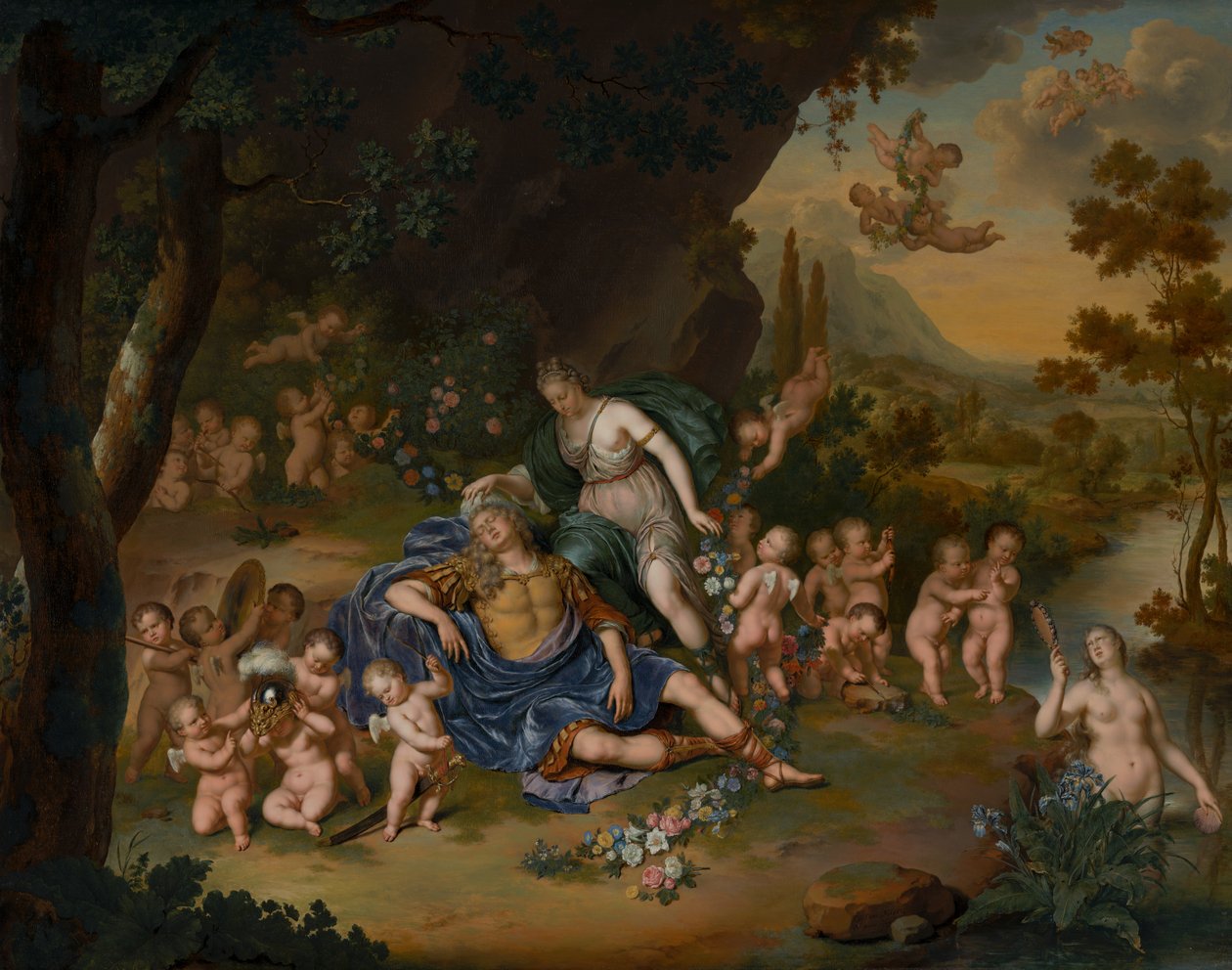 Armida binder den sovende Rinaldo med blomster af Willem Van Mieris