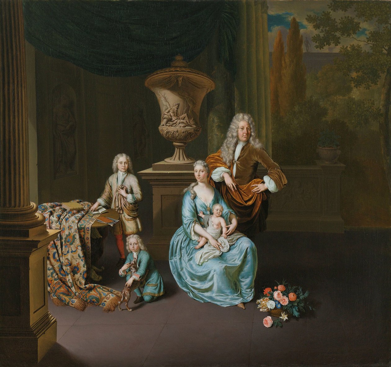 Diederik Baron van Leyden van Vlaardingen (1695-1764). Borgmester i Leiden med sin kone Sophia Dina de Rovere og deres sønner Pieter, Jan og Adriaan Pompejus af Willem Van Mieris