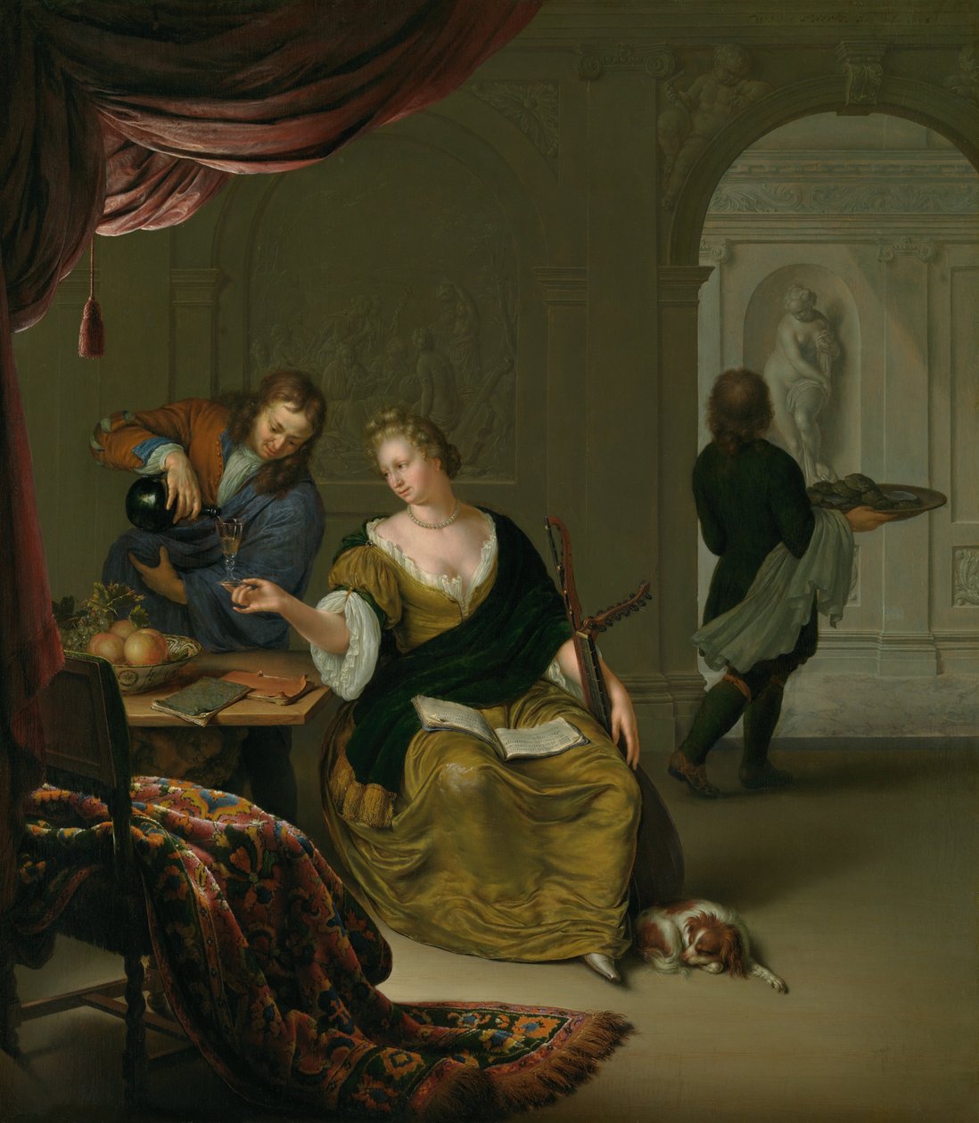 Den forsømte lut En dame med en lut, der tager vin i et rigt interiør, 1705. af Willem Van Mieris