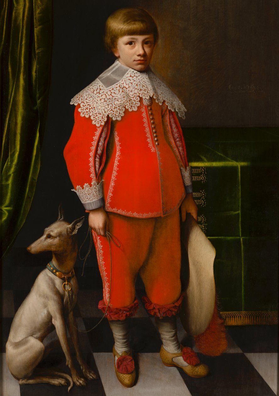 Portræt af en otteårig dreng med en whippet på et skakternet gulv af Willem Willemsz. van der Vliet
