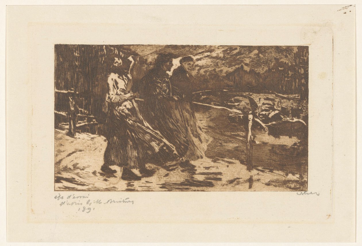 Tre kvinder på en bro i regn og blæst af Willem Witsen (signed by artist)