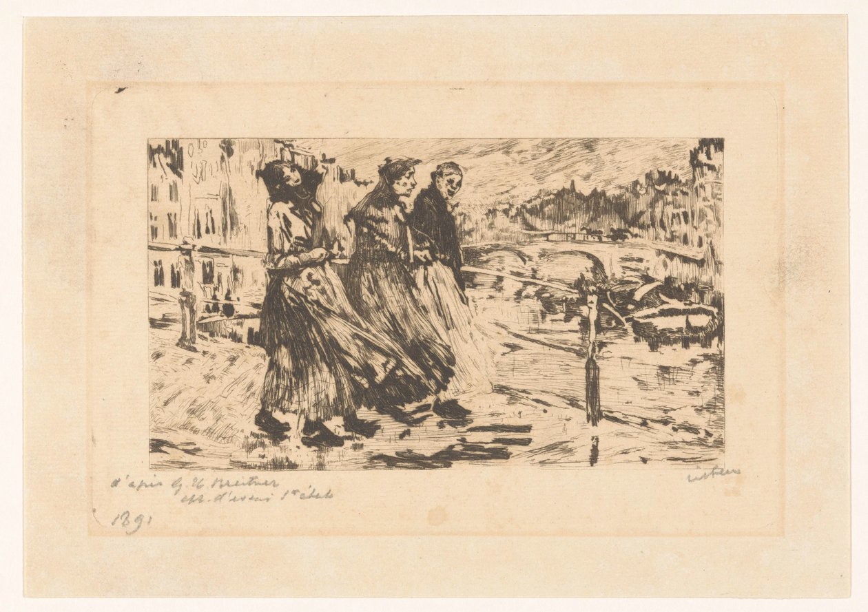 Tre kvinder på en bro i blæst og regn af Willem Witsen (signed by artist)