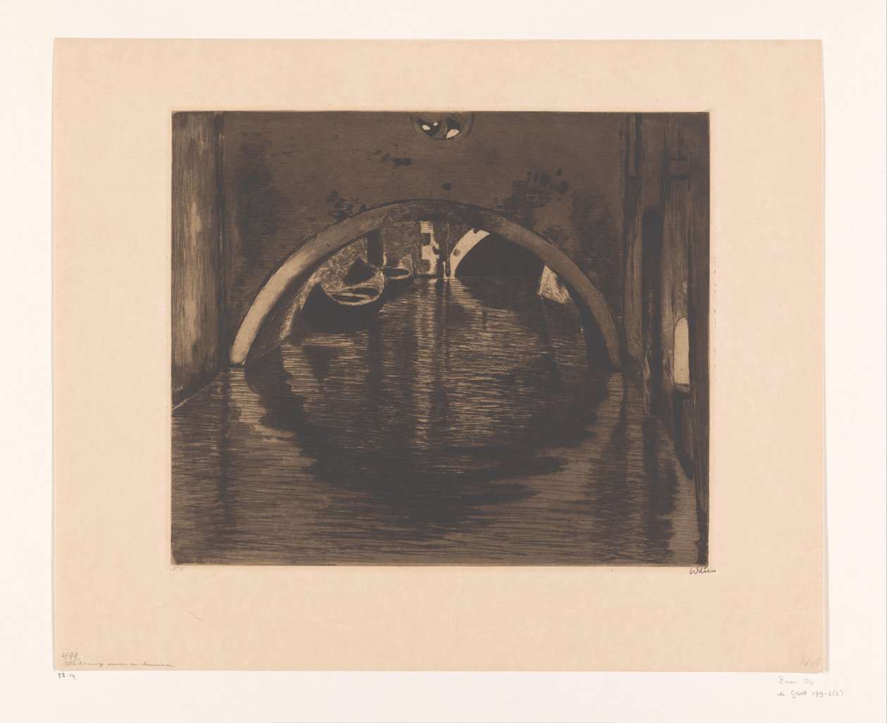 Udsigt under en bro med to robåde Under broen, Venedig (original titel) af Willem Witsen (signed by artist)