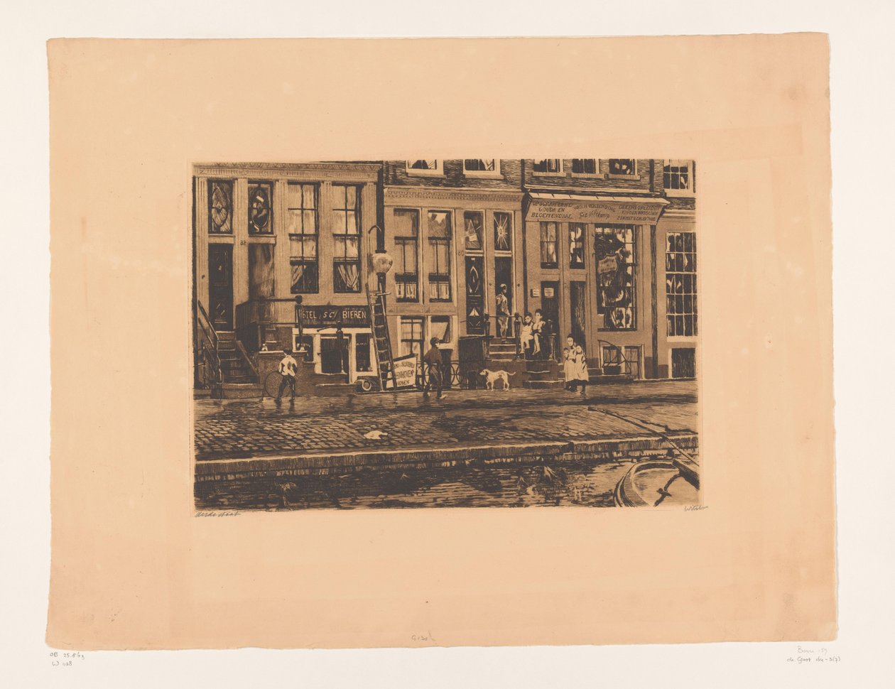 Udsigt over Oude Waal i Amsterdam Oude Waal med Veltkamp-søstrenes vaskeanlæg (original titel) af Willem Witsen (signed by artist)