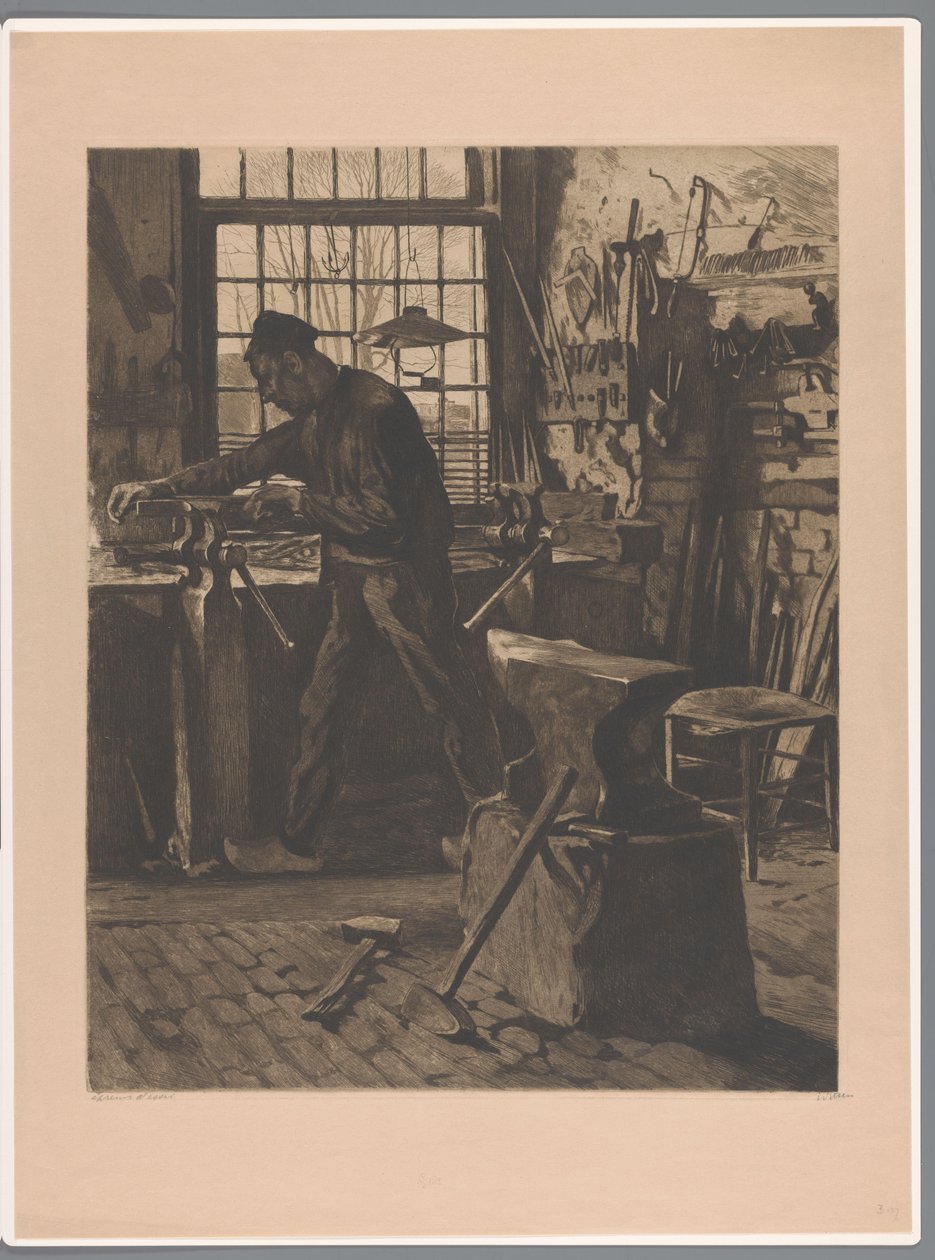 Smed på arbejde på en skruestik ved vinduet Landsbysmed foran vinduet (Bram) (original titel) af Willem Witsen (signed by artist)