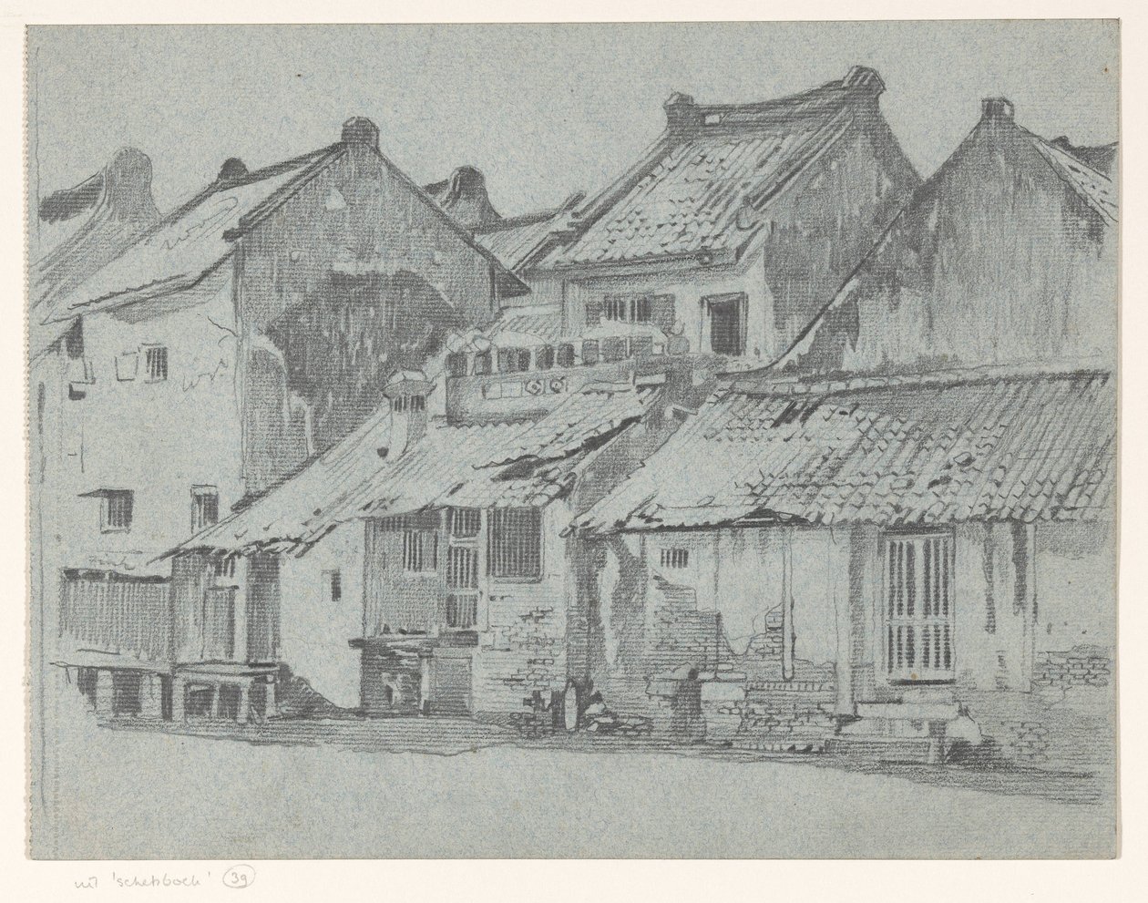 Bagfacader af huse ved en flod i Batavia af Willem Arnoldus Witsen