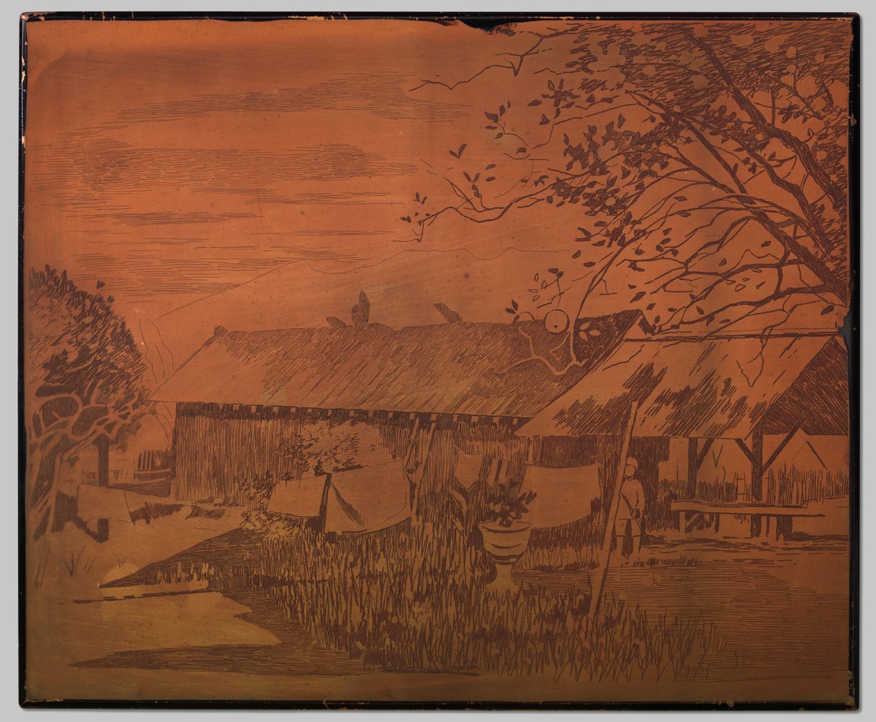 Gambar, langt udhus, tørring af vasketøj i forgrunden af Willem Arnoldus Witsen