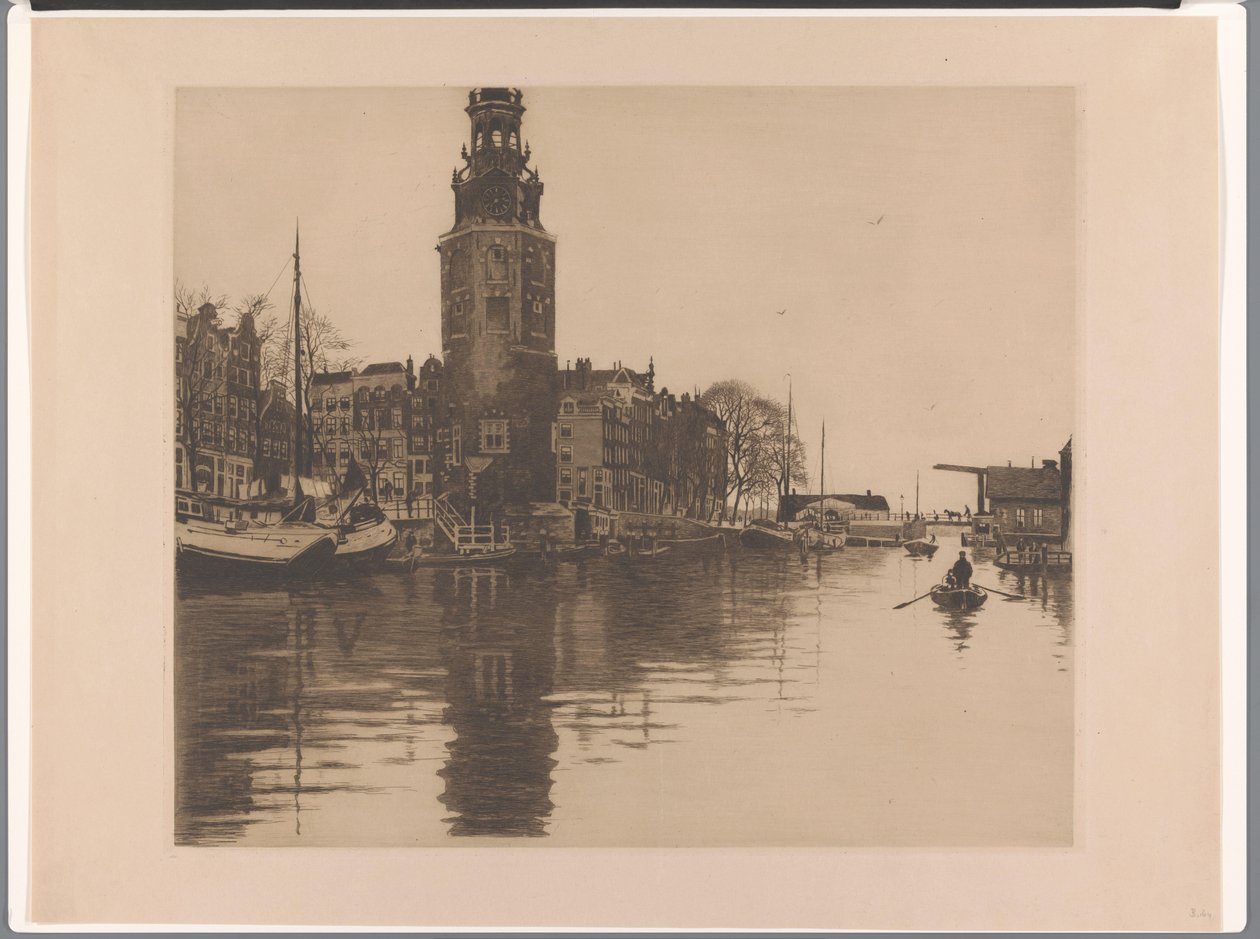 Udsigt over Montelbaanstoren i Amsterdam Gamle Schans med Montelbaanstoren og robåd (original titel) af Willem Arnoldus Witsen