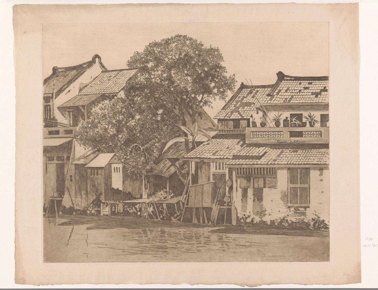 Udsigt over huse ved en flod i Batavia Huse på Kali. Træer mellem husene, Batavia (original titel) af Willem Arnoldus Witsen