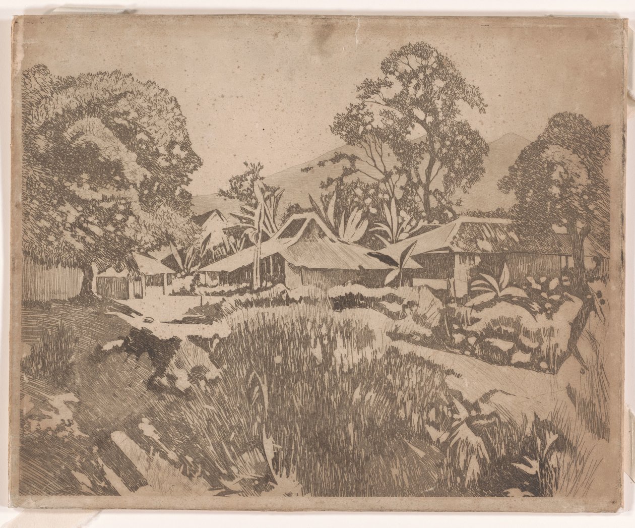 Huse i kampong med vulkanerne Salak og Gedeh i baggrunden, Buitenzorg af Willem Arnoldus Witsen