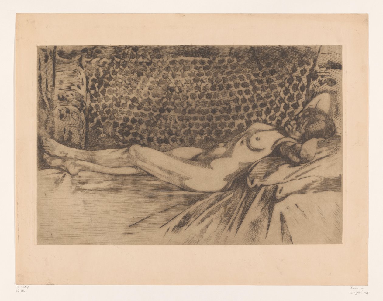 Nøgen ung kvinde liggende på en sofa Nøgen, liggende på ryggen på en sofa, hænderne under hovedet (original titel) af Willem Arnoldus Witsen