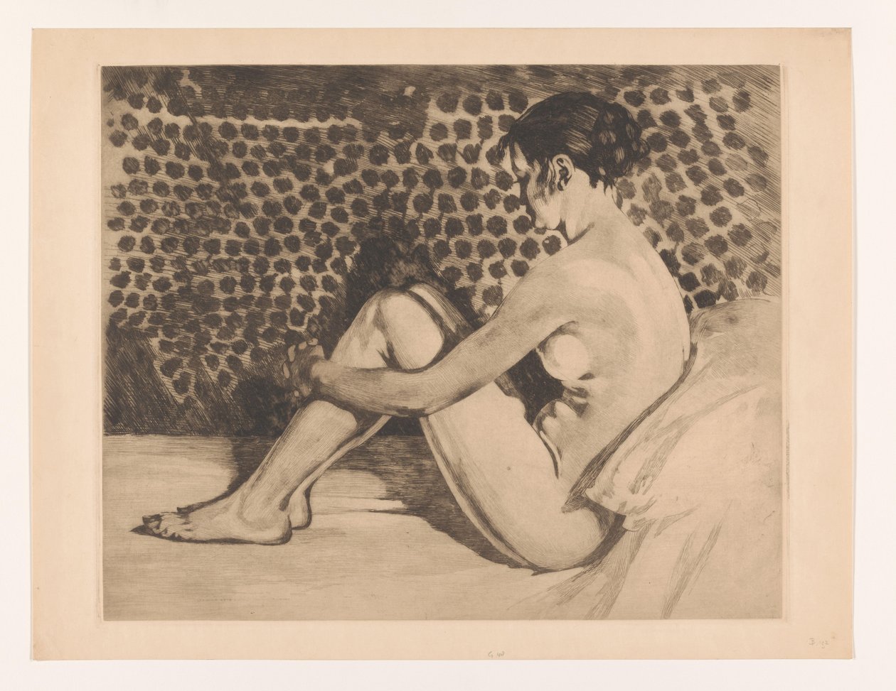 Nøgen ung kvinde med armene om knæene Nøgen, bøjede knæ, siddende på en sofa (original titel) af Willem Arnoldus Witsen