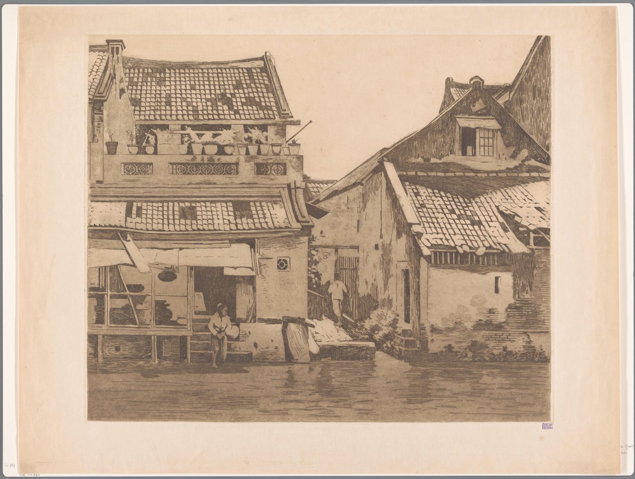 To figurer ved husene ved en flod i Batavia af Willem Witsen