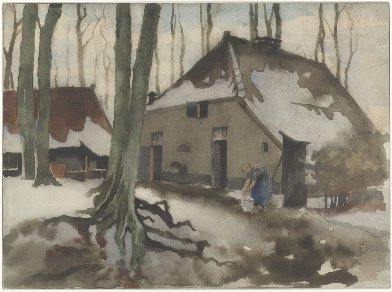 Kvinde foran et hus i en snedækket skov af Willem Arnoldus Witsen