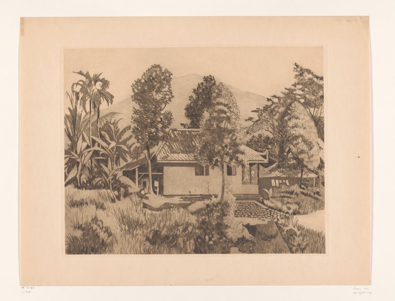 Hjem i Bogor med et bjerg i baggrunden Hus med vulkanen Salak(?) i baggrunden, Buitenzorg (original titel) af Willem Arnoldus Witsen