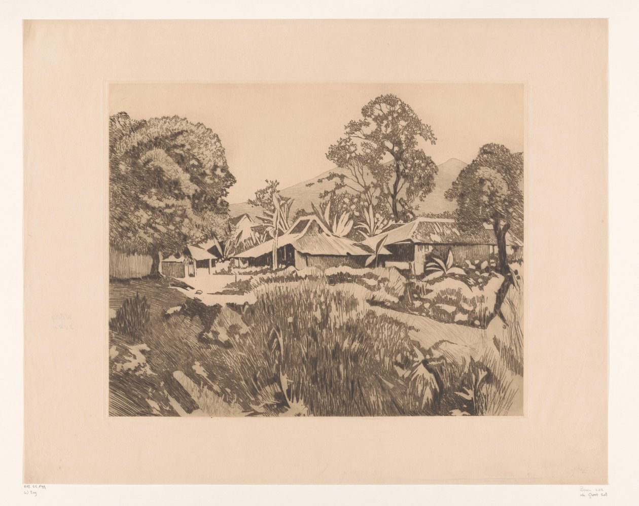 Hjem i Bogor før vulkanerne Salak og Gede Huse i kampong med vulkanerne Salak og Gedeh i baggrunden, Buitenzorg (original titel) af Willem Arnoldus Witsen