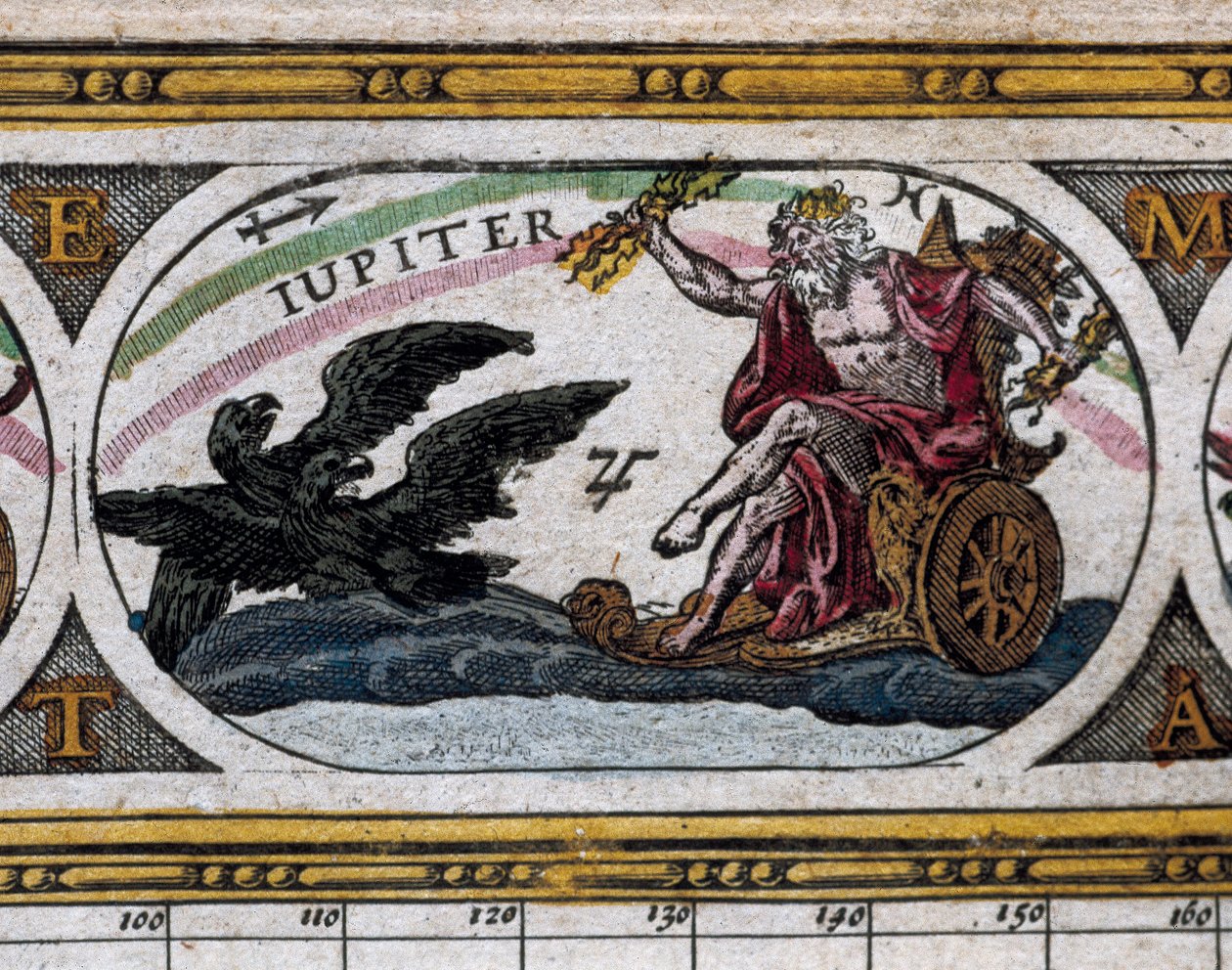 Repræsentation af guden Jupiter, der kæmper mod sorte ørne i sin vogn (gravering) i "Le Theatre du Monde" af Willem and Joan  Blaeu