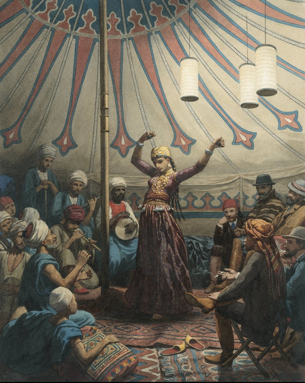 Egyptisk danser i et telt med musikere og tilskuere af Willem de Famars Testas