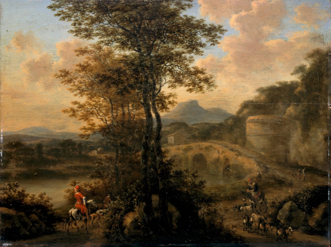 Italiensk flodlandskab med stenbro, 1650 af Willem de Heusch