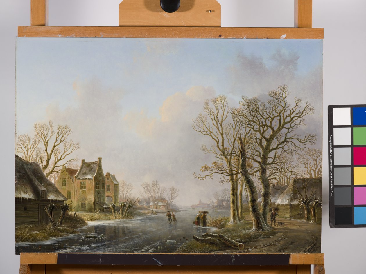 Skatere på en frossen flod, Dordrecht af Willem de Klerk