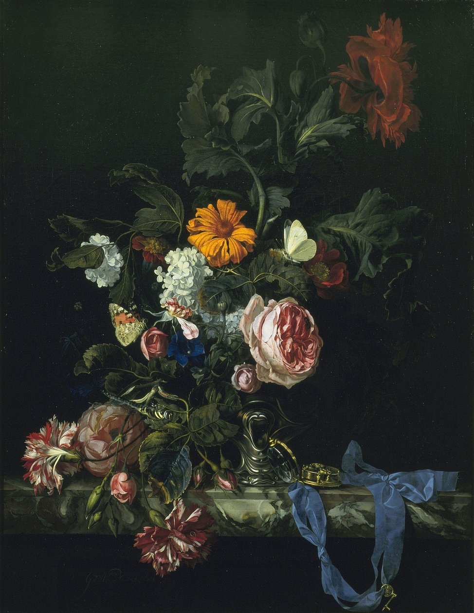 Blomsterstilleben med et ur af Willem van Aelst