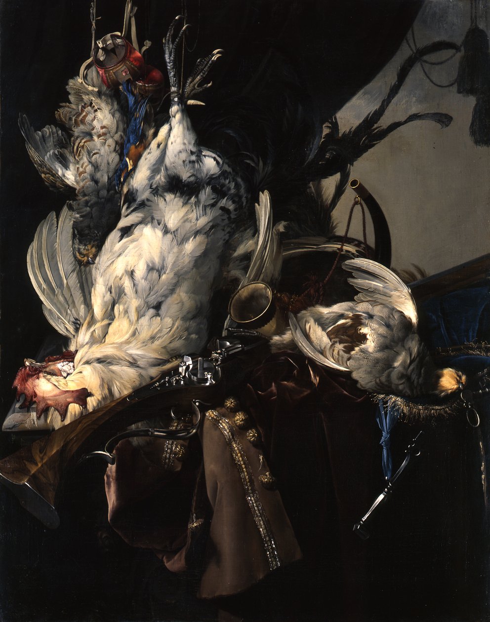 German: Stilleben mit gelegten Vögeln und Jagdgeräten Stilleben med vildt og jagtudstyr af Willem van Aelst