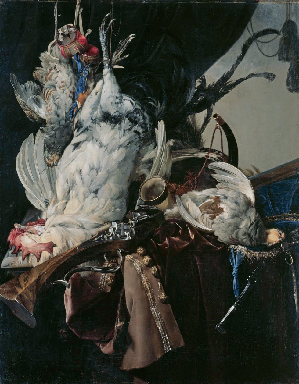 German: Stilleben mit gelegten Vögeln und Jagdgeräten Stilleben med vildt og jagtudstyr af Willem van Aelst