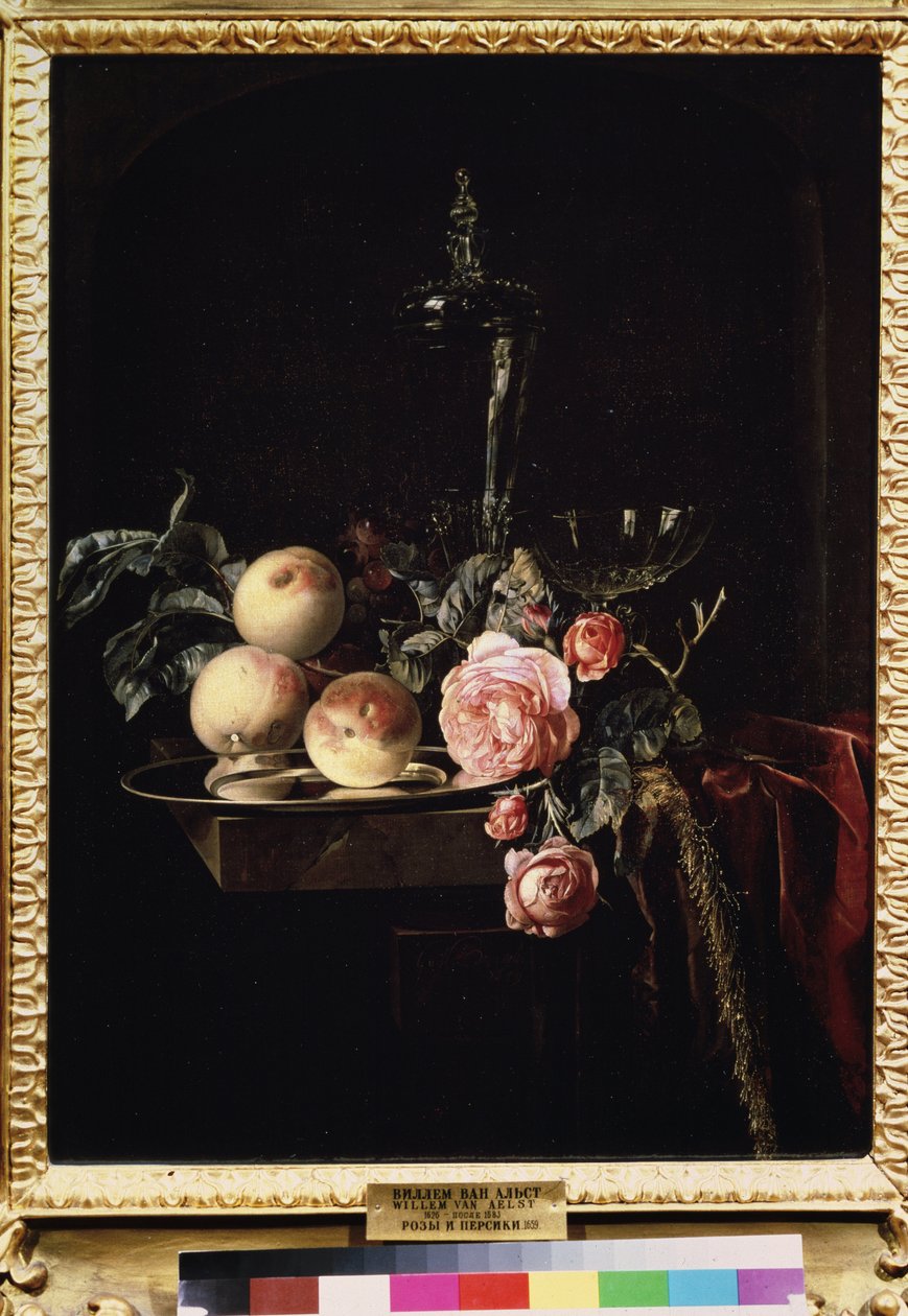 ""Stilleben af ​​roser og ferskner"" (Roser og ferskner) Maleri af Willem van Aelst (1625-cirka 1683) 1659 Pushkin Museum, Moskva af Willem van Aelst