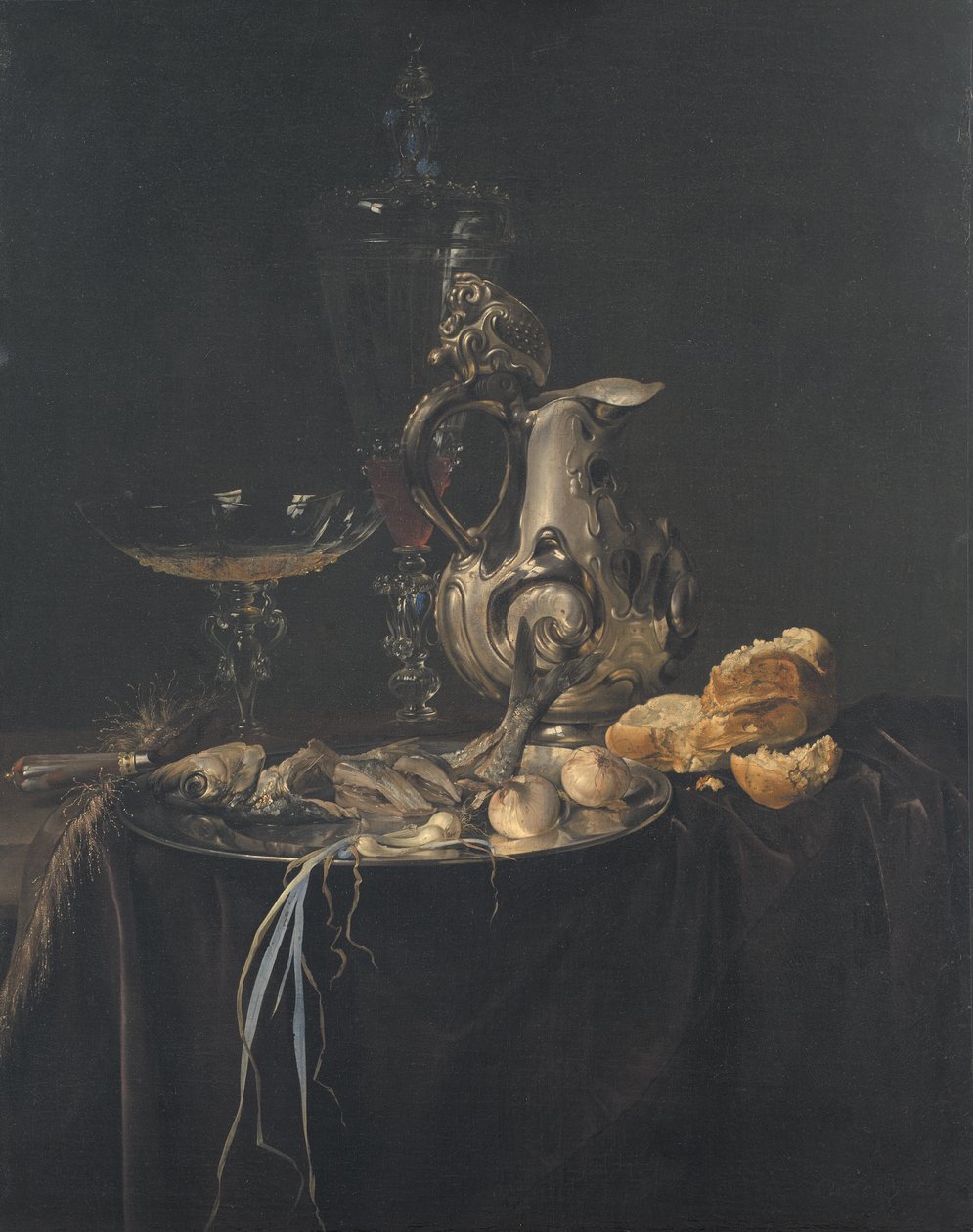 Stilleben. Morgenmadsstykke med sølvkande af Willem van Aelst