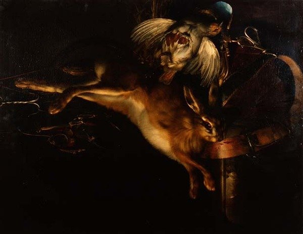 Stilleben af en hare, en agerhøne og jagtudstyr hængende over en marmorkant af Willem van Aelst