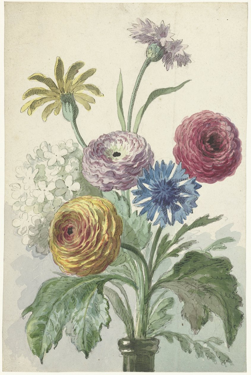 Buket blomster i halsen på en grøn vase af Willem van Leen
