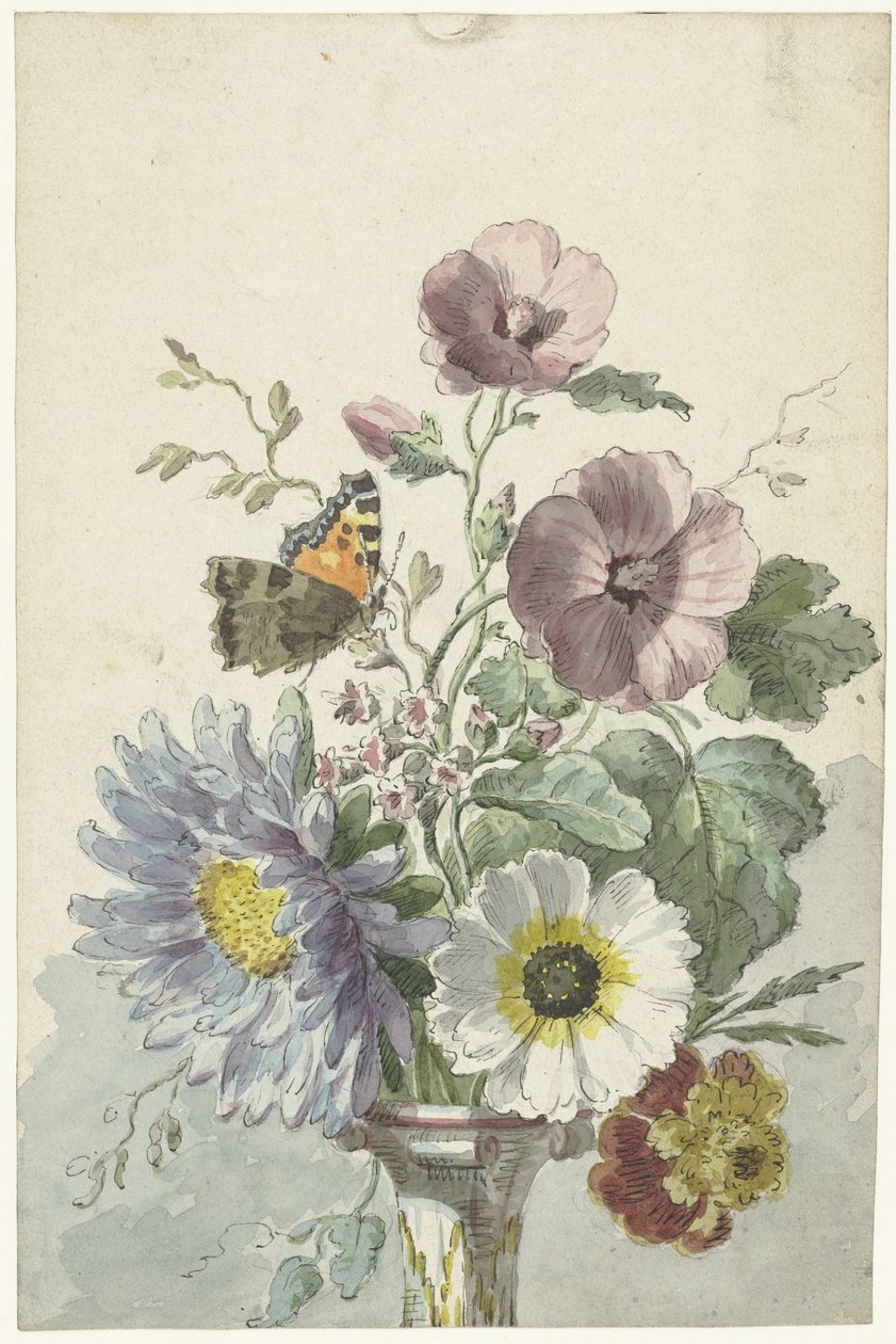 Buket blomster med en sommerfugl af Willem van Leen